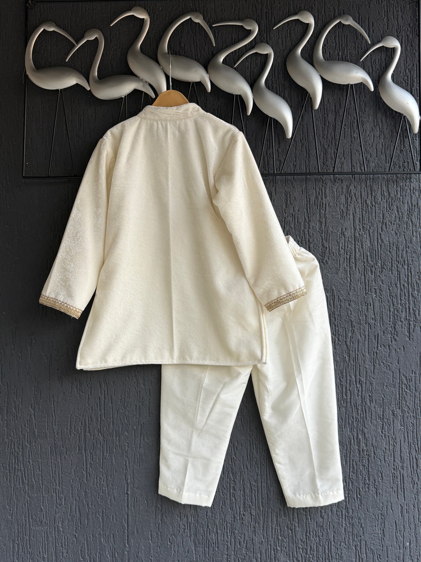Off White velvet emb Bandhgala set