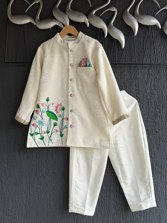 Off White velvet emb Bandhgala set