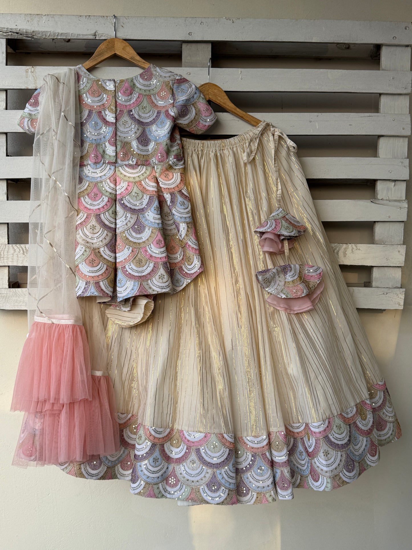 Off white Peplum scallop embroidery lehnga set