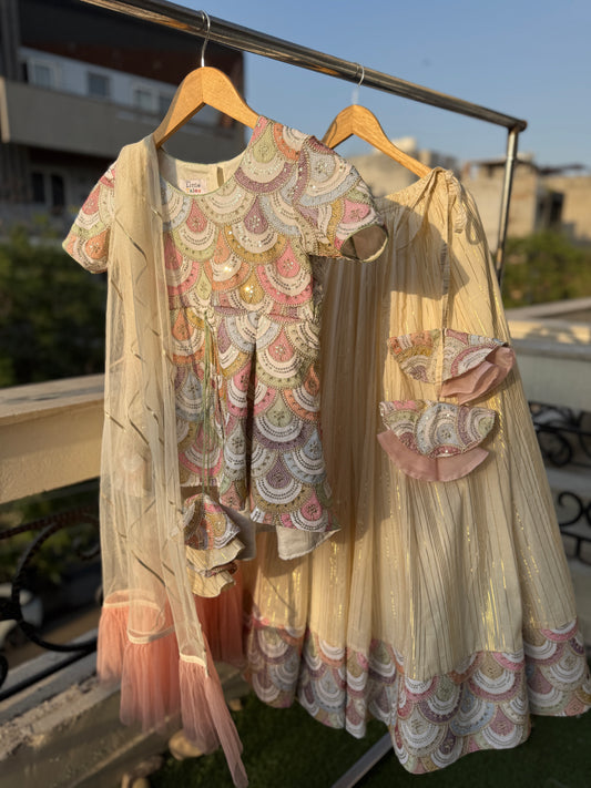 Off white Peplum scallop embroidery lehnga set