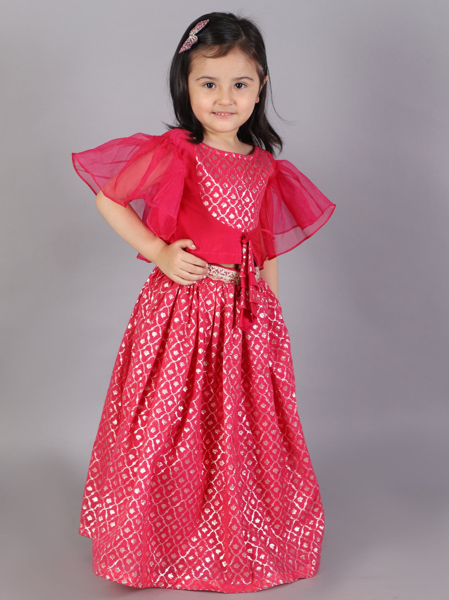 Fuschia Pink ruffled Blouse with Cotton Zari Lehnga