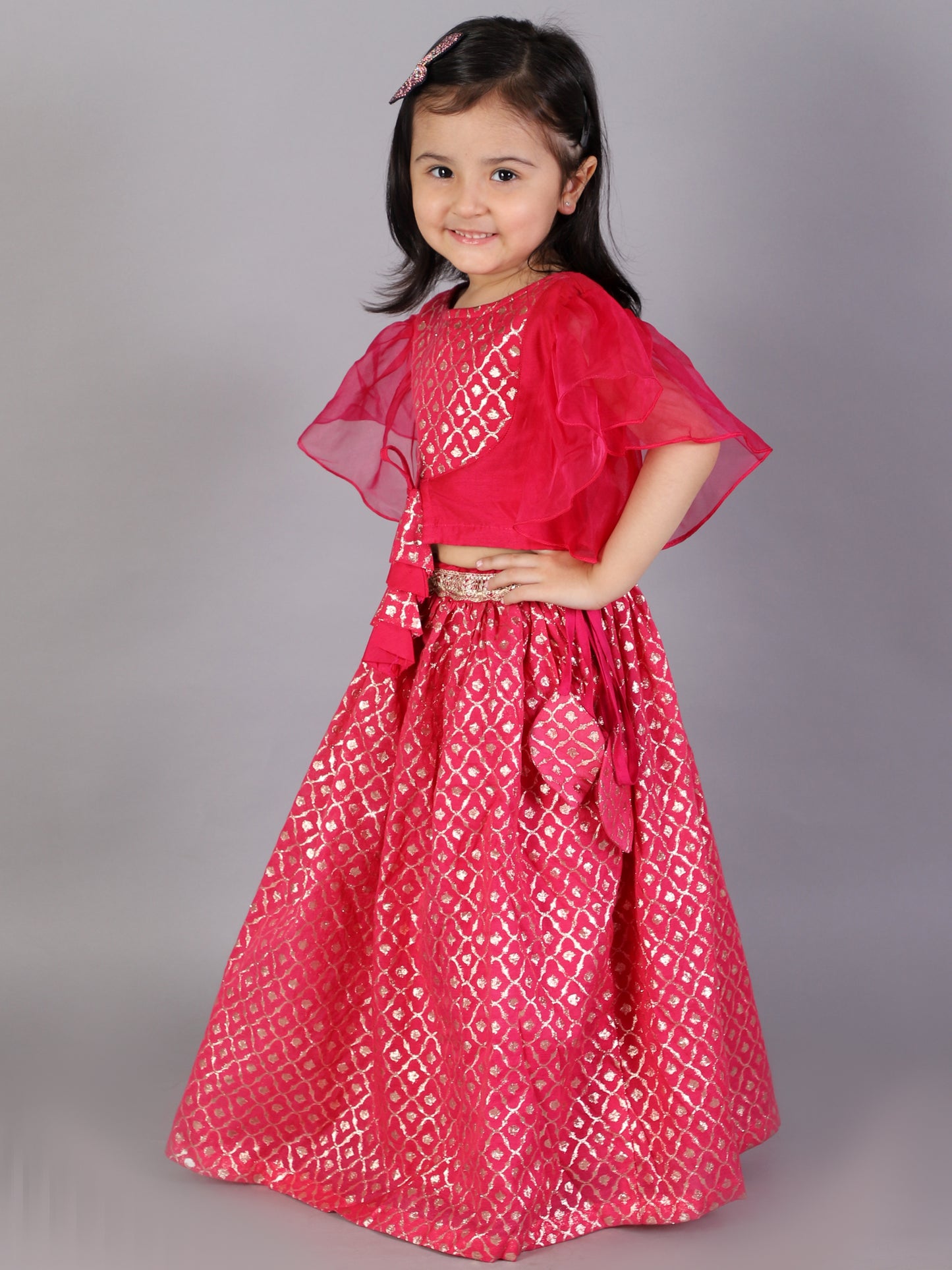 Fuschia Pink ruffled Blouse with Cotton Zari Lehnga