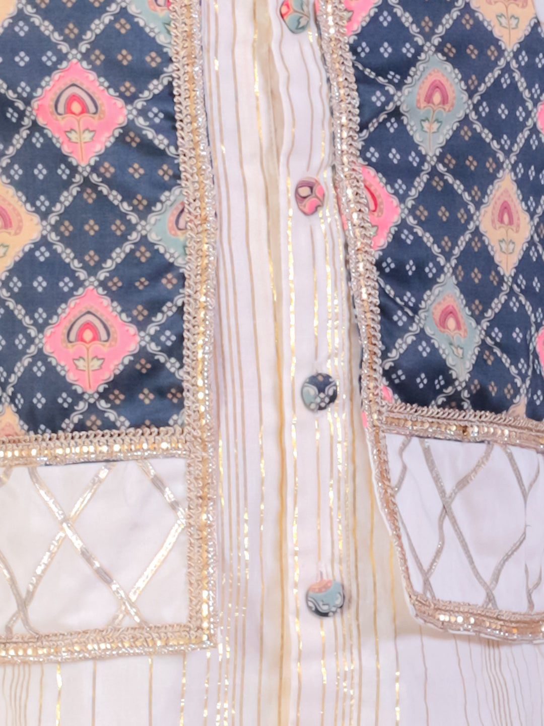Off white Kurta Pyjama with printed attached jacket