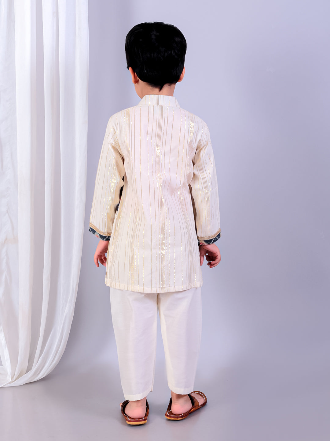 Off white Kurta Pyjama with printed attached jacket