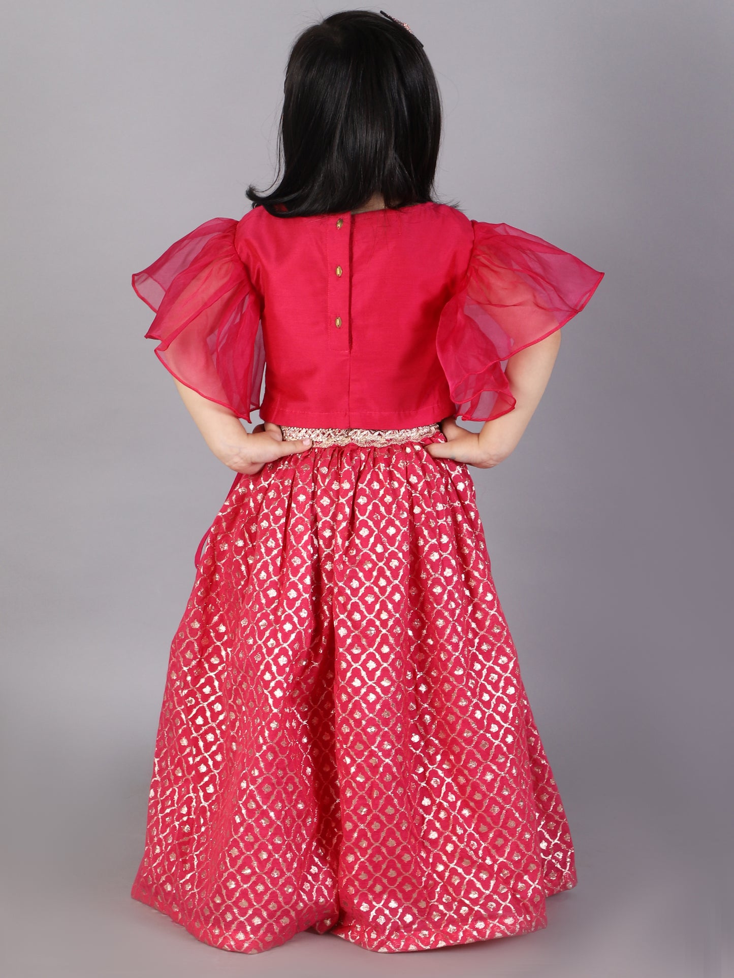 Fuschia Pink ruffled Blouse with Cotton Zari Lehnga