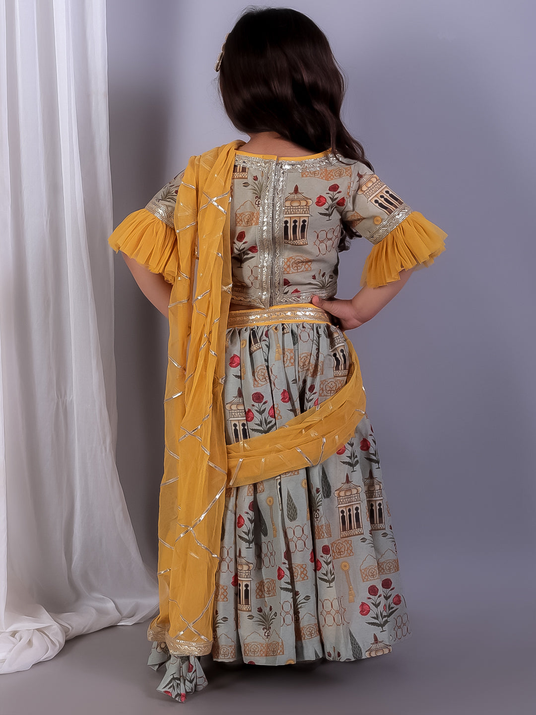 Mughal printed blouse lehnga set with attached dupatta