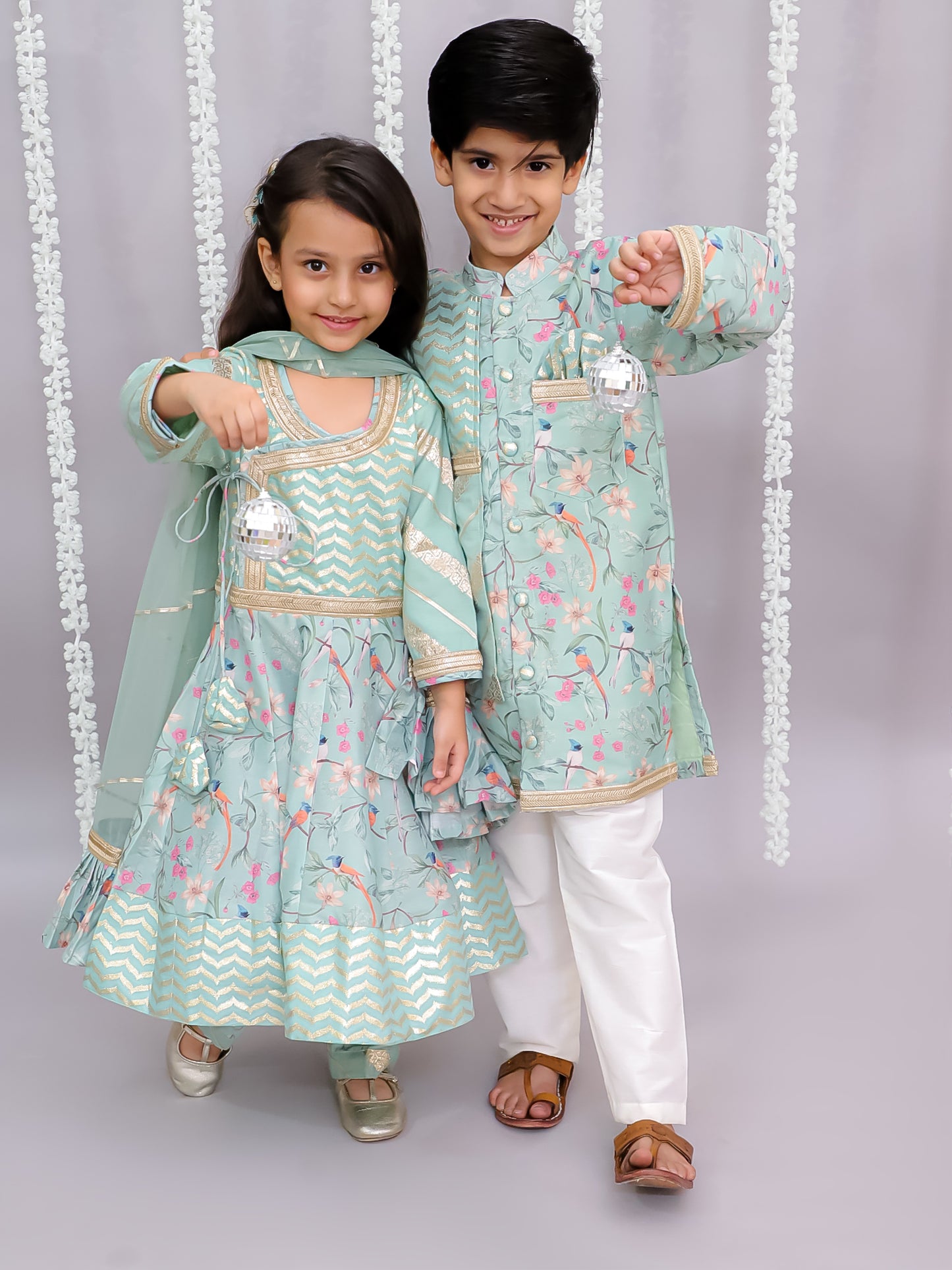 Green bird print kurta set