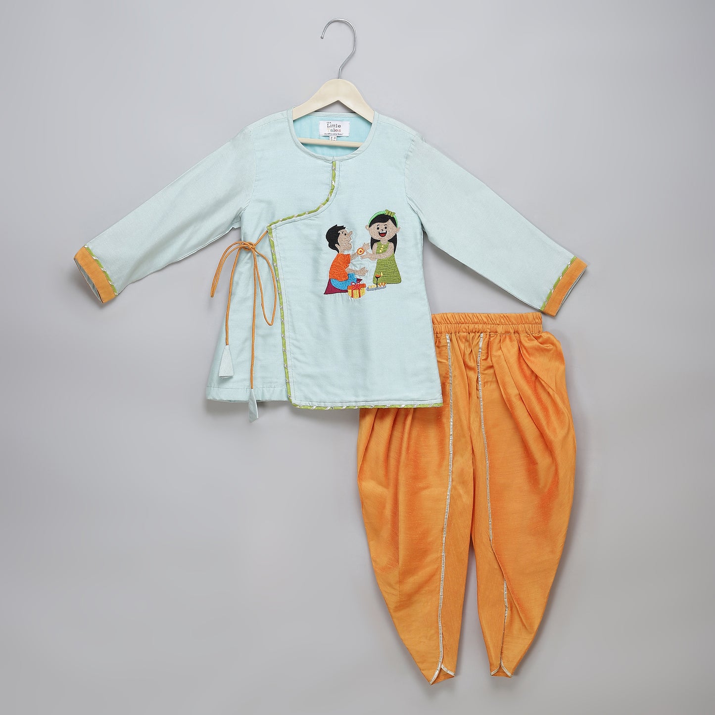 Blue Rakhi Embroidered Angrakha Kurta Dhoti Set