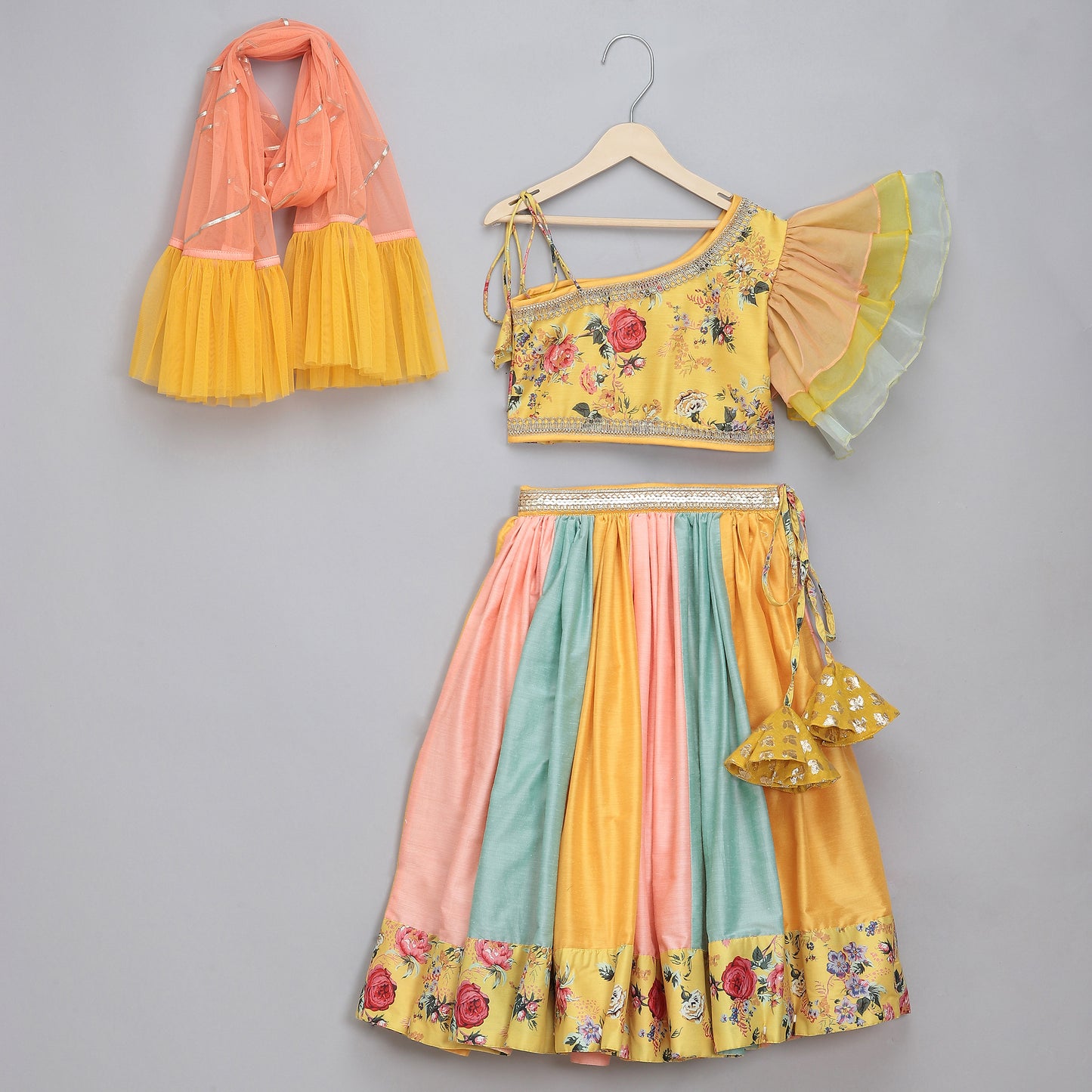 Yellow Floral printed off shoulder lehnga set