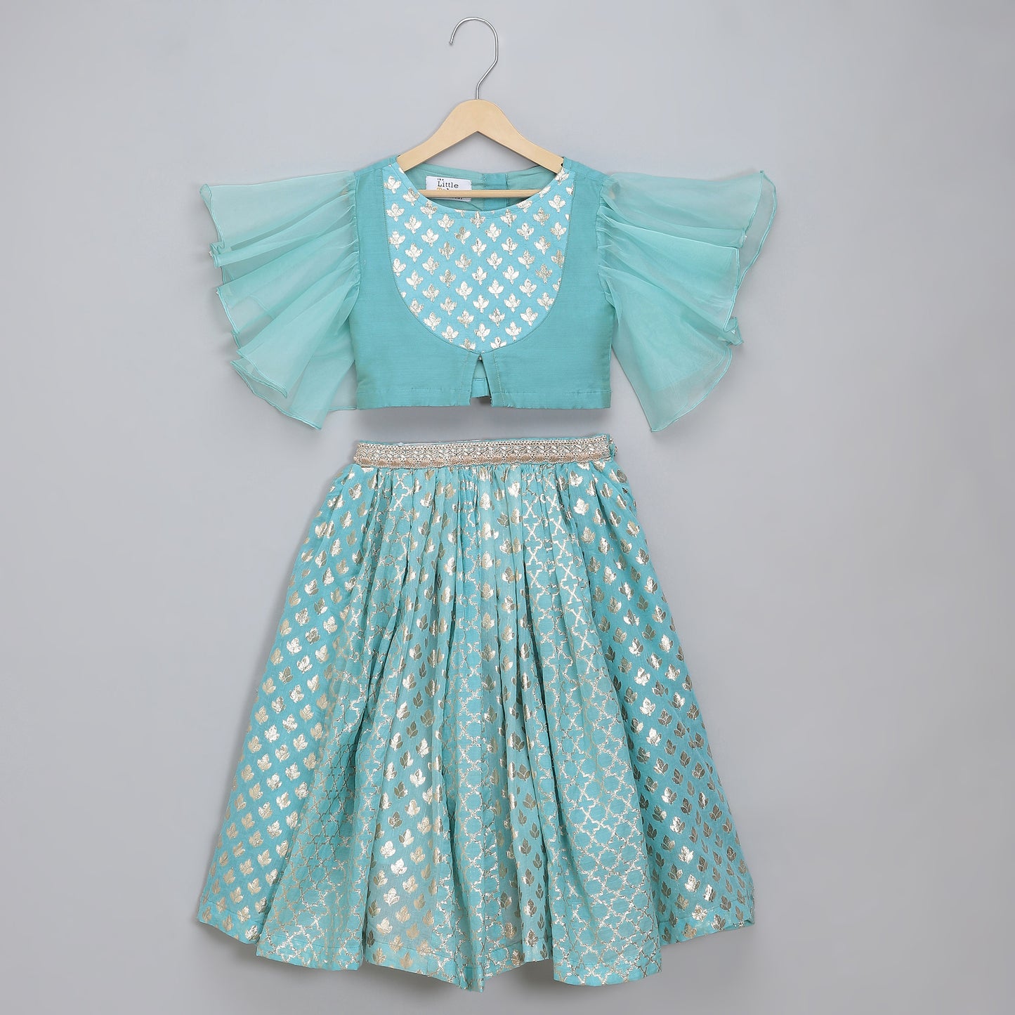 Blue ruffled Blouse with Cotton Zari Lehnga