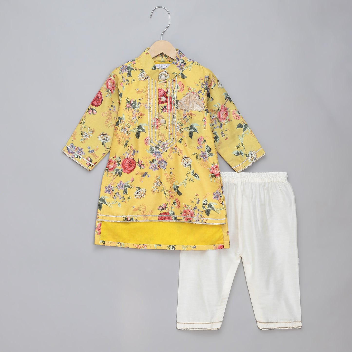 Yellow printed kurta pyjama set with attached print panel
