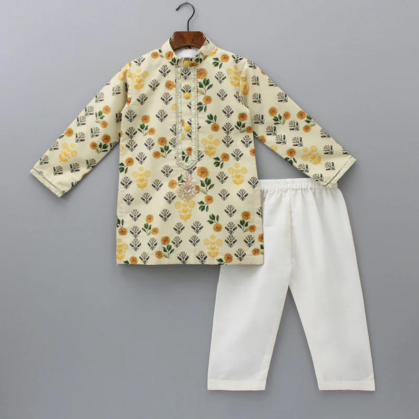 Beige Floral Printed Kurta With Pyjama (Sale)