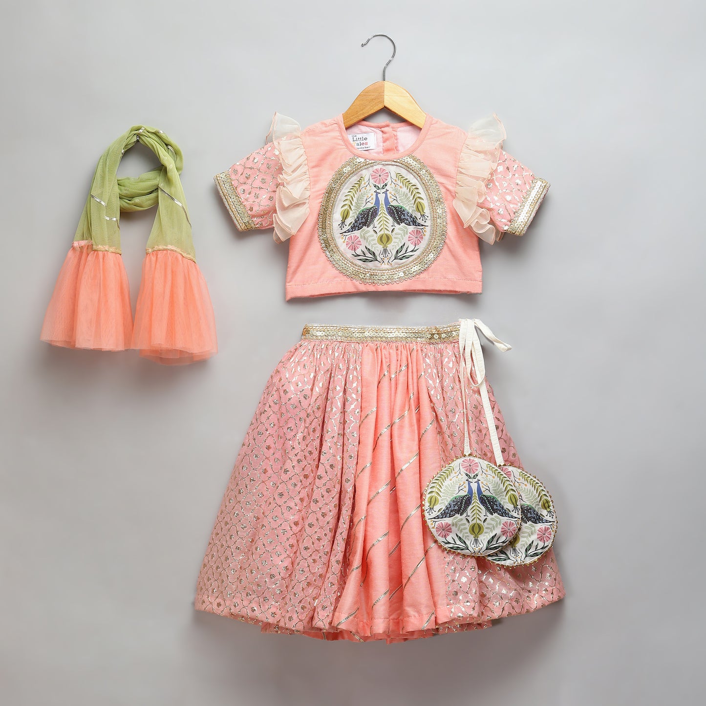 Peach peacock Printed Chanderi lehnga set
