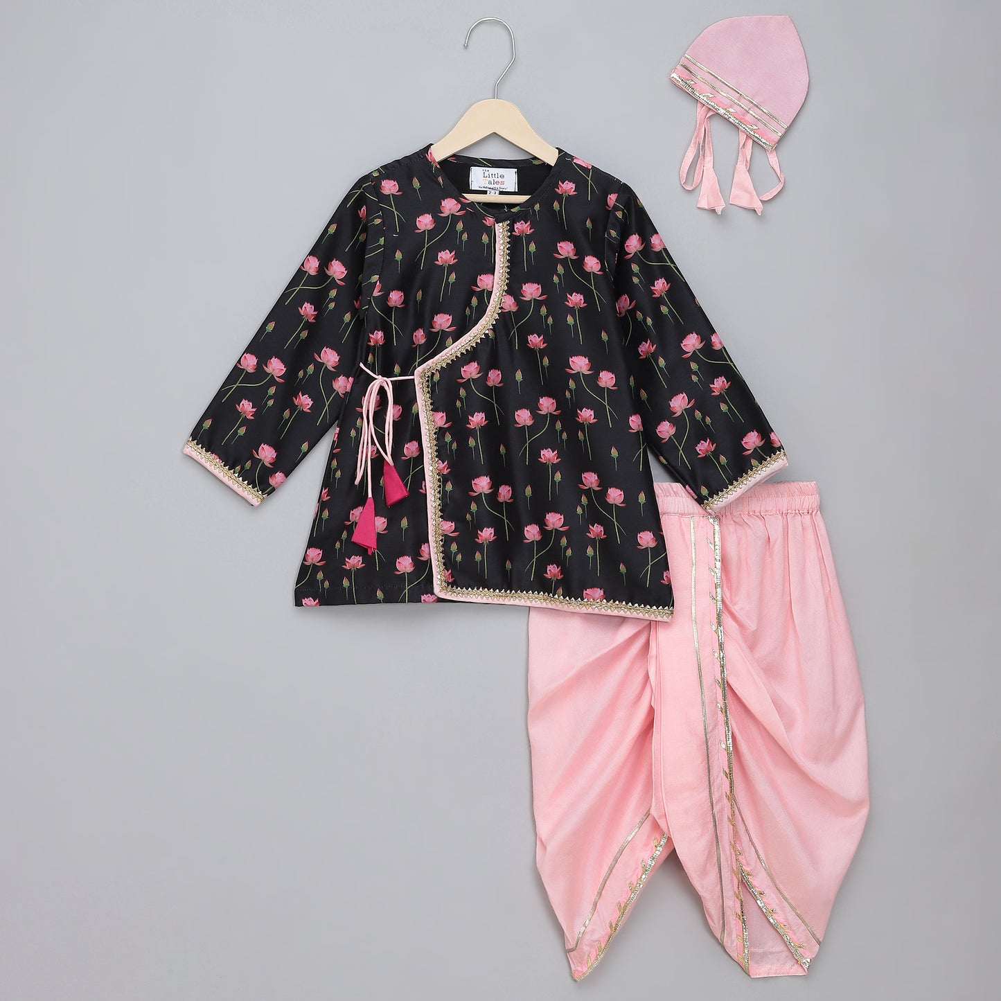Black/ baby pink lotus Print Kurta Dhoti set