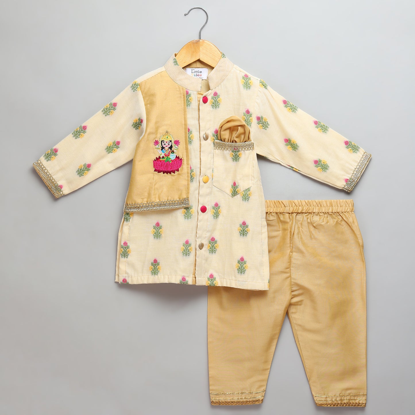 Beige Kurta Pyjama with Laxmi goddess Emb Jacket