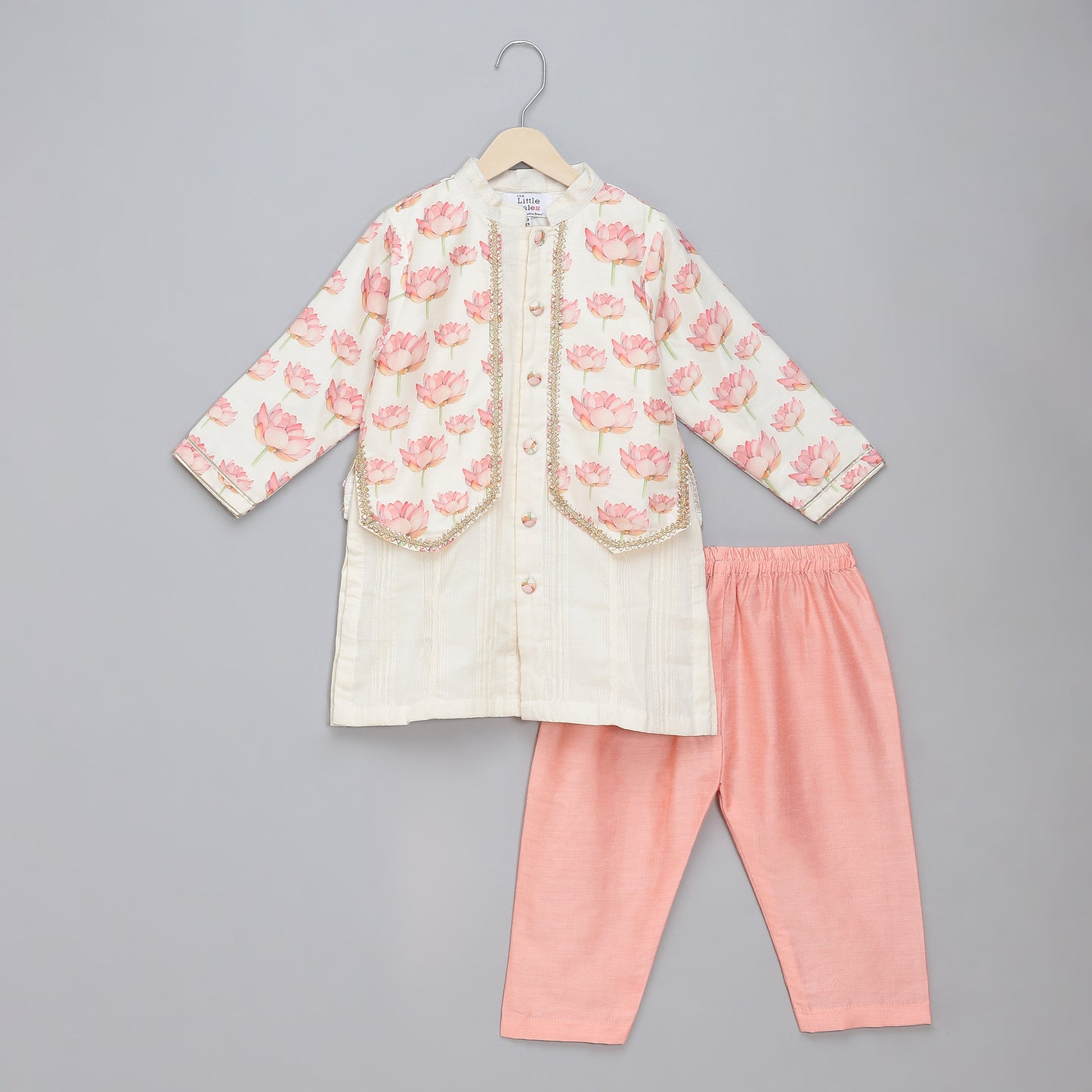 Off white peach lotus printed kurta set