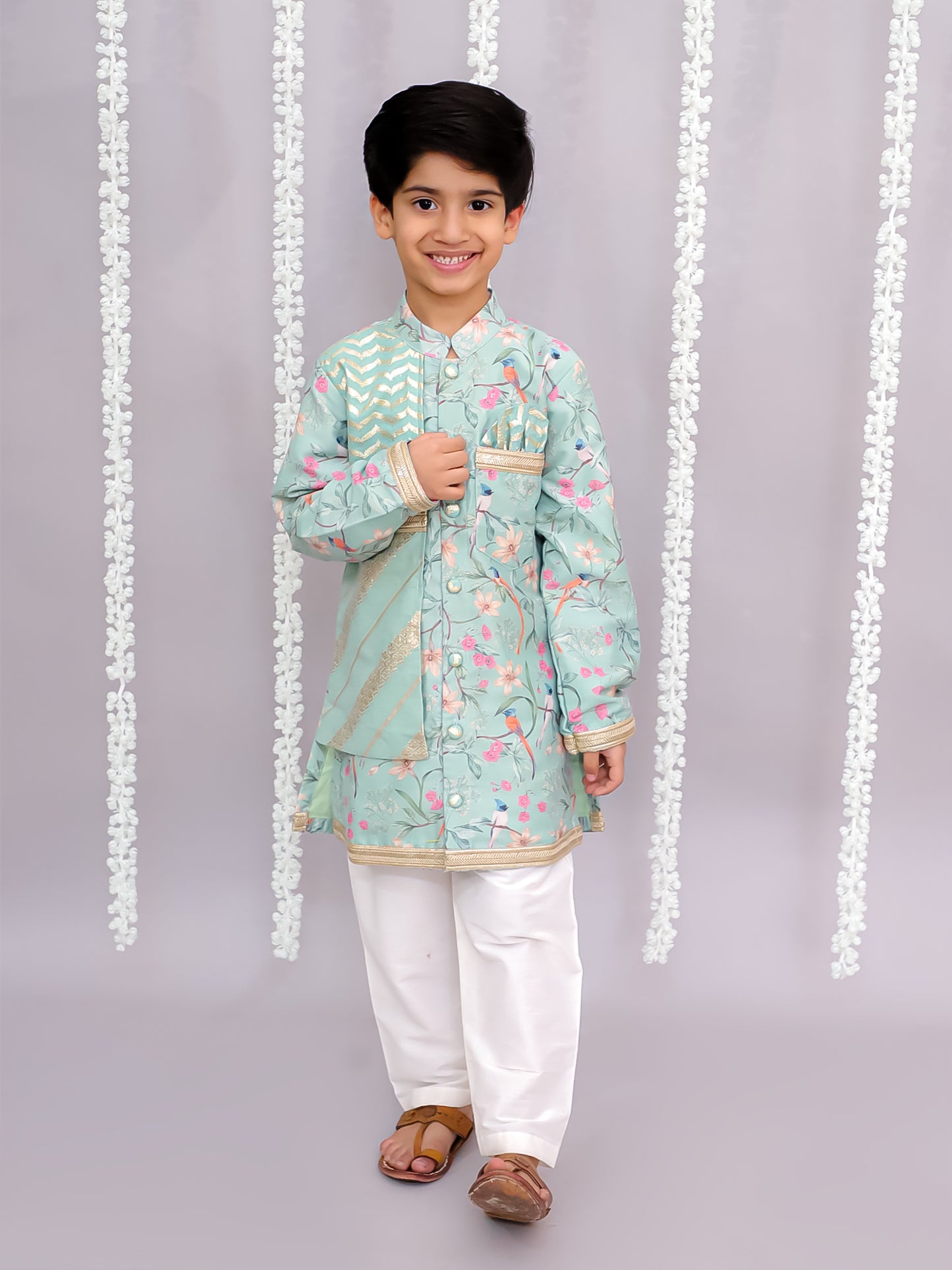 Green bird print kurta set