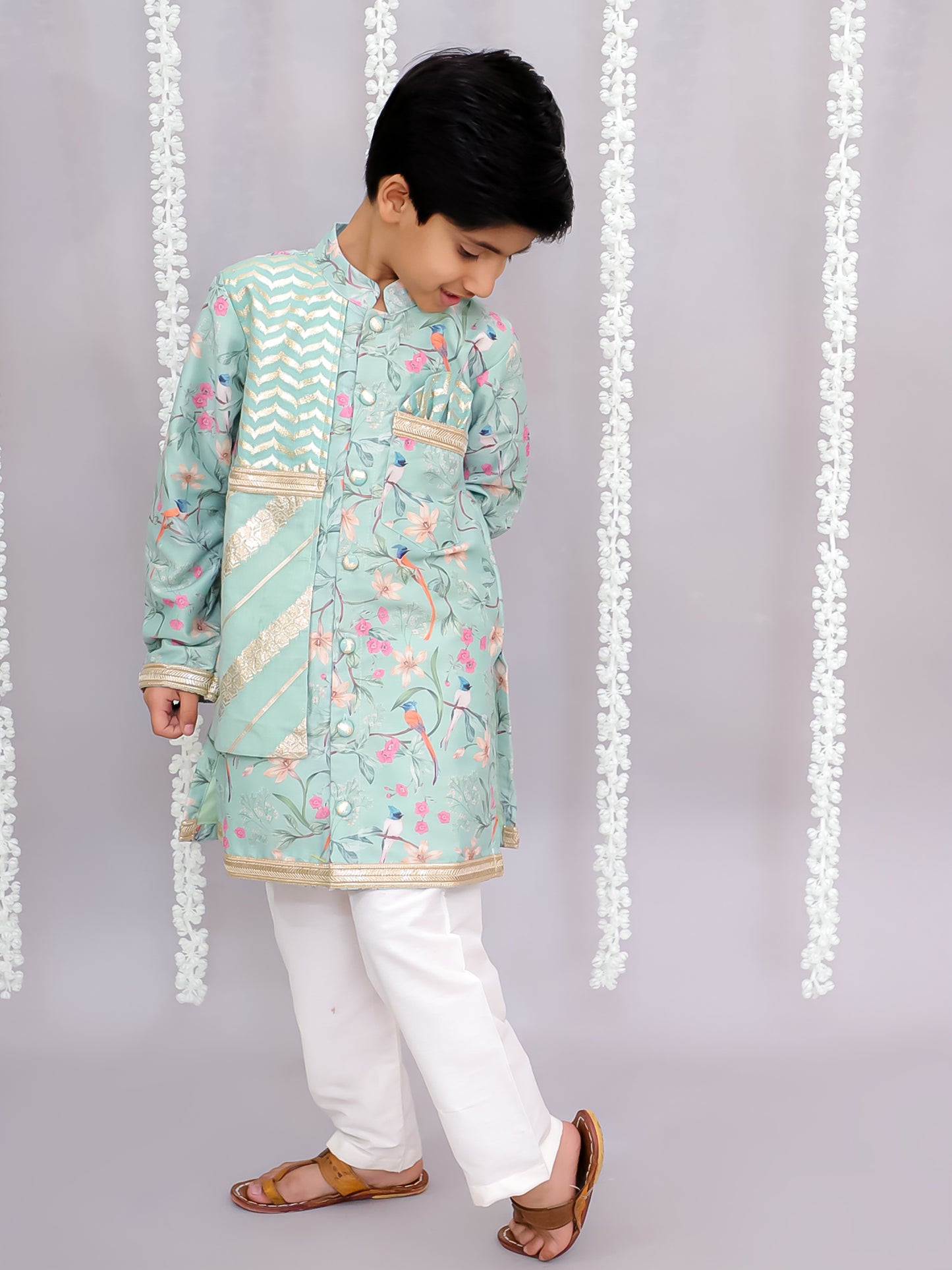 Green bird print kurta set