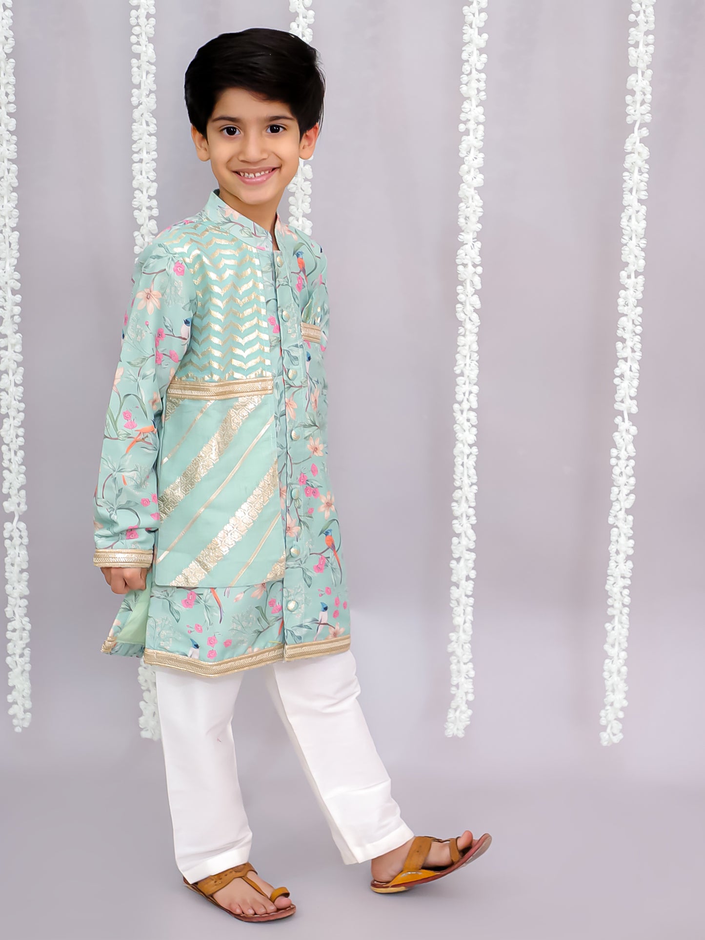 Green bird print kurta set