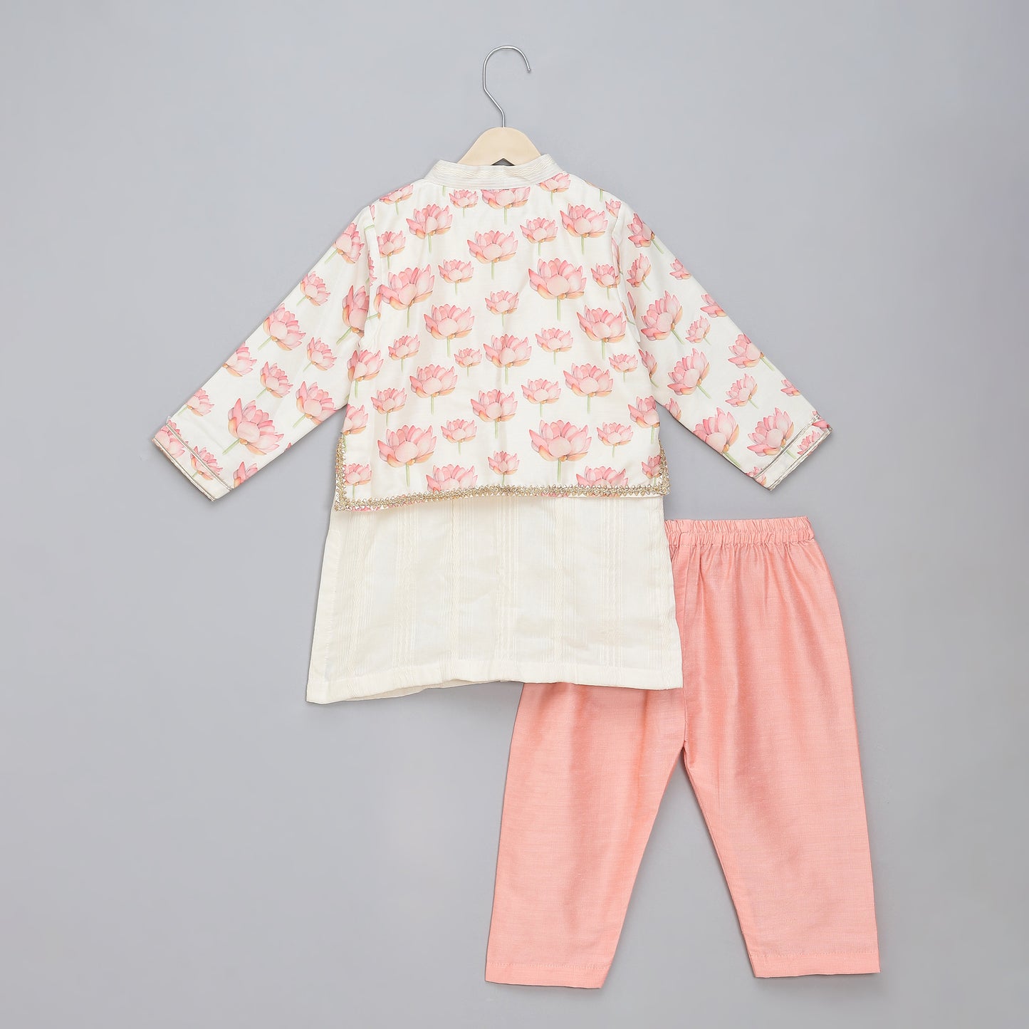 Off white peach lotus printed kurta set