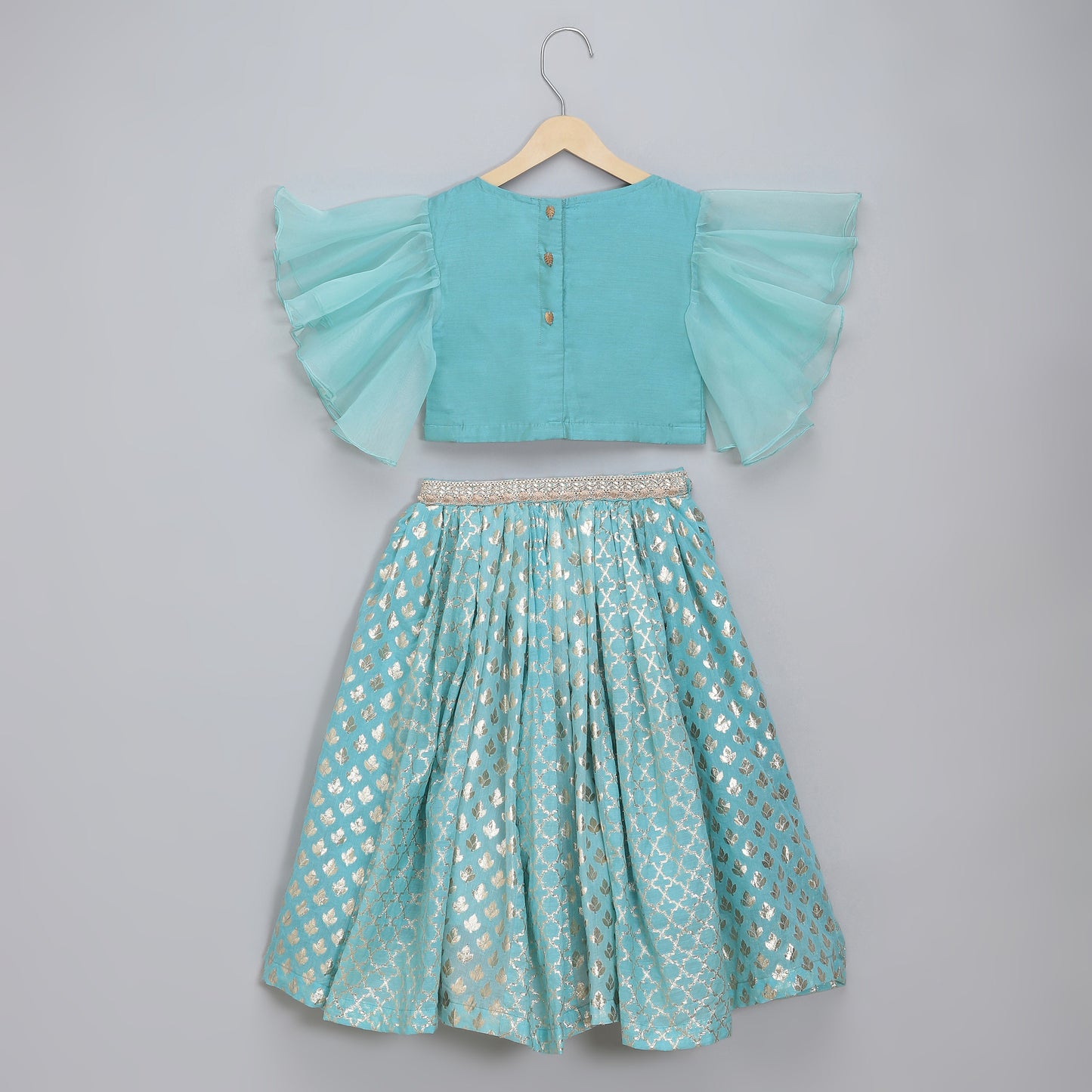 Blue ruffled Blouse with Cotton Zari Lehnga