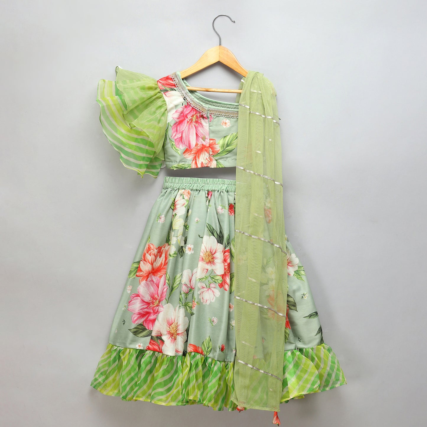 Floral printed off shoulder lehnga set with attached dupatta
