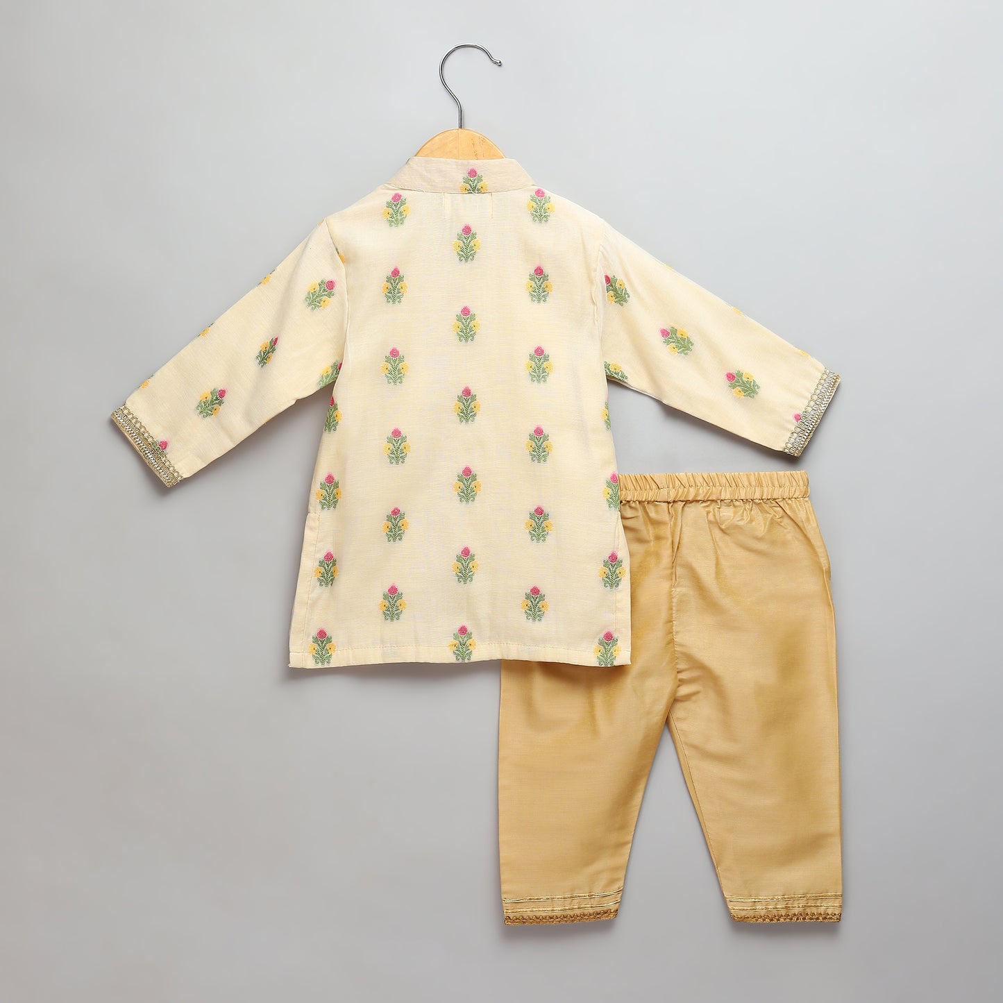 Beige Kurta Pyjama with Laxmi goddess Emb Jacket