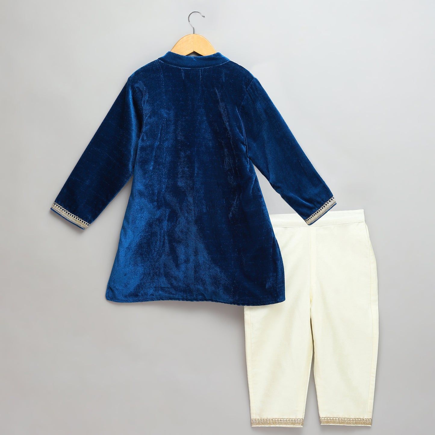 Blue Velvet bandhgala embroidery set with Offwhite trousers
