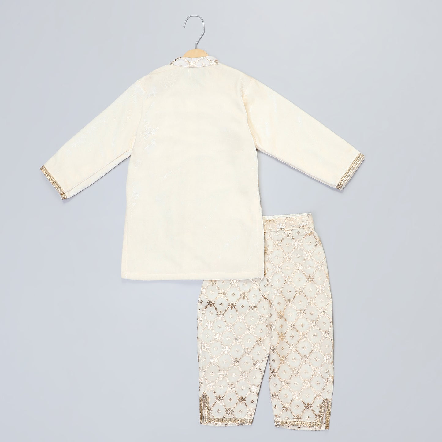 Off white Velvet Kurta set with chanderi panel