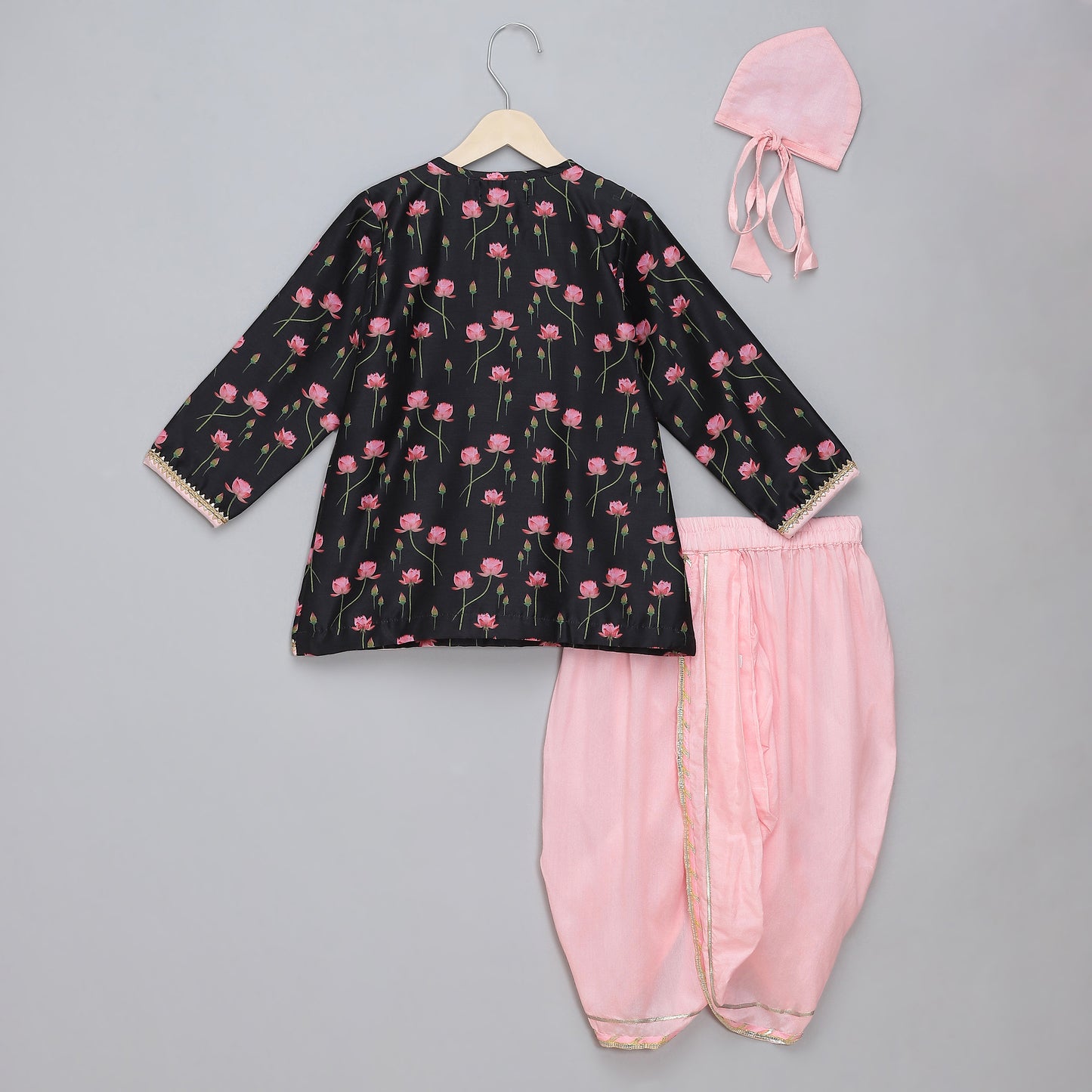 Black/ baby pink lotus Print Kurta Dhoti set