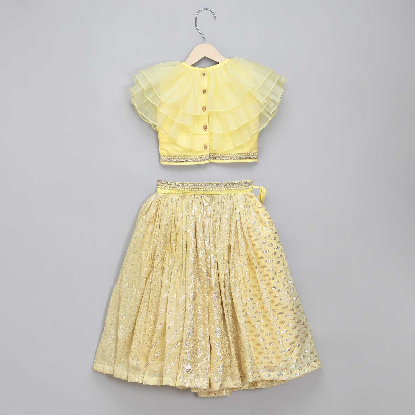 Lime Yellow organza frill chanderi lehnga set