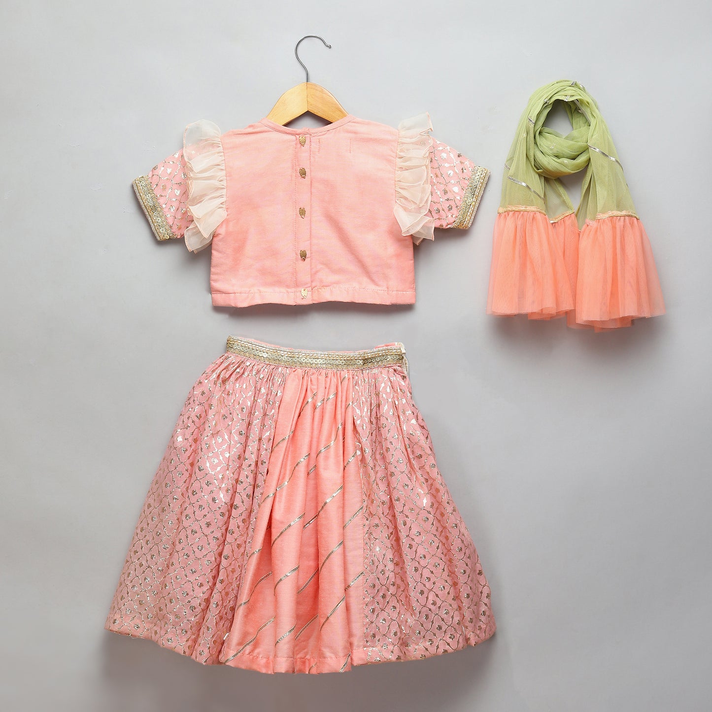 Peach peacock Printed Chanderi lehnga set