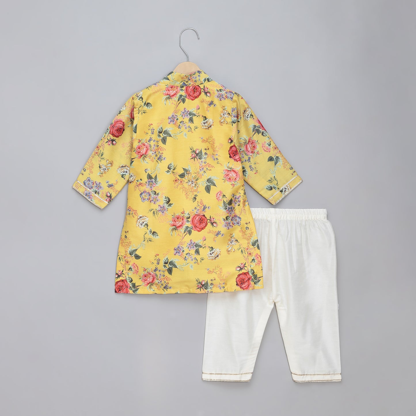 Yellow printed kurta pyjama set with attached print panel