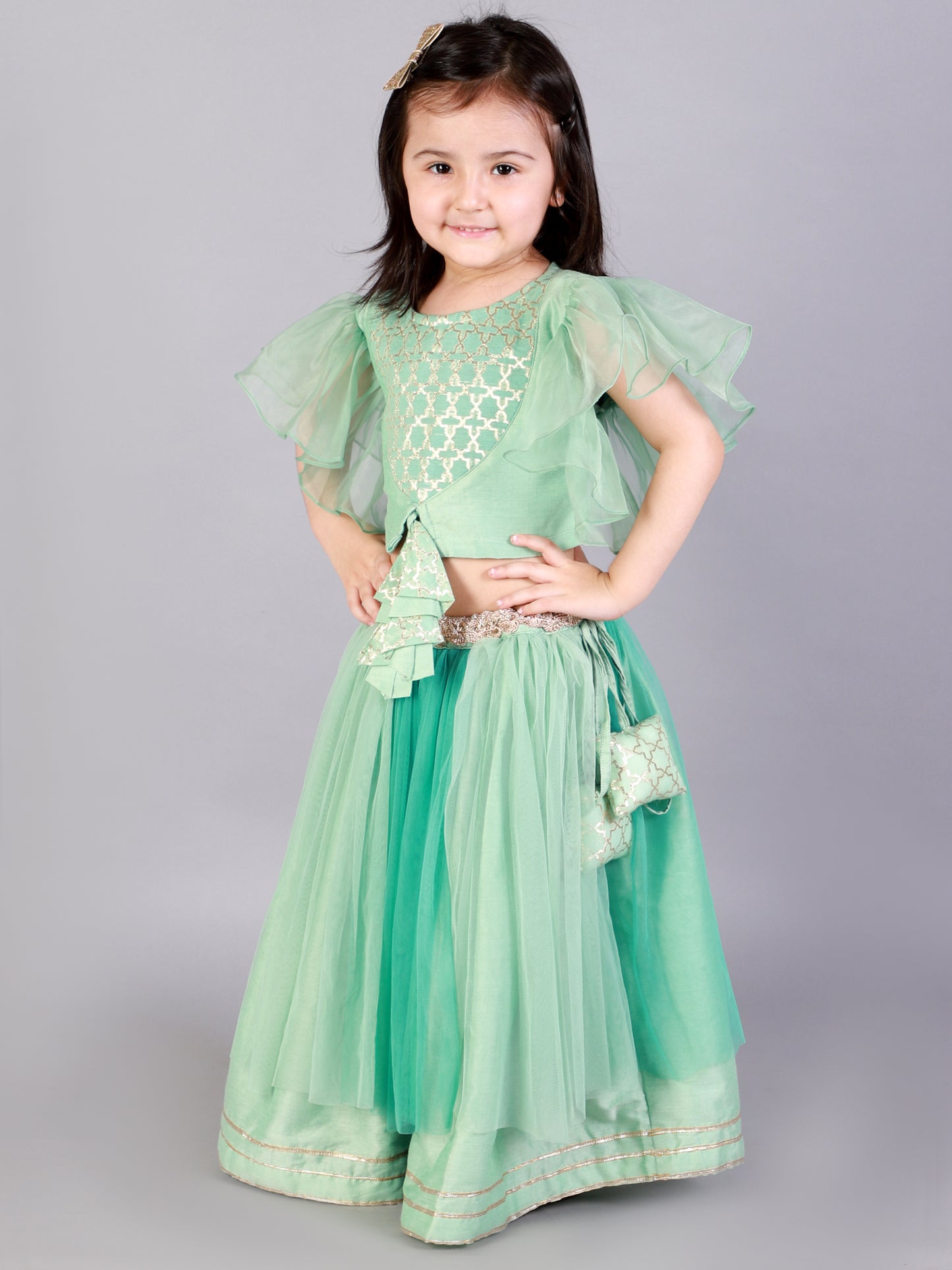 Green zari organza blouse with Net lehnga