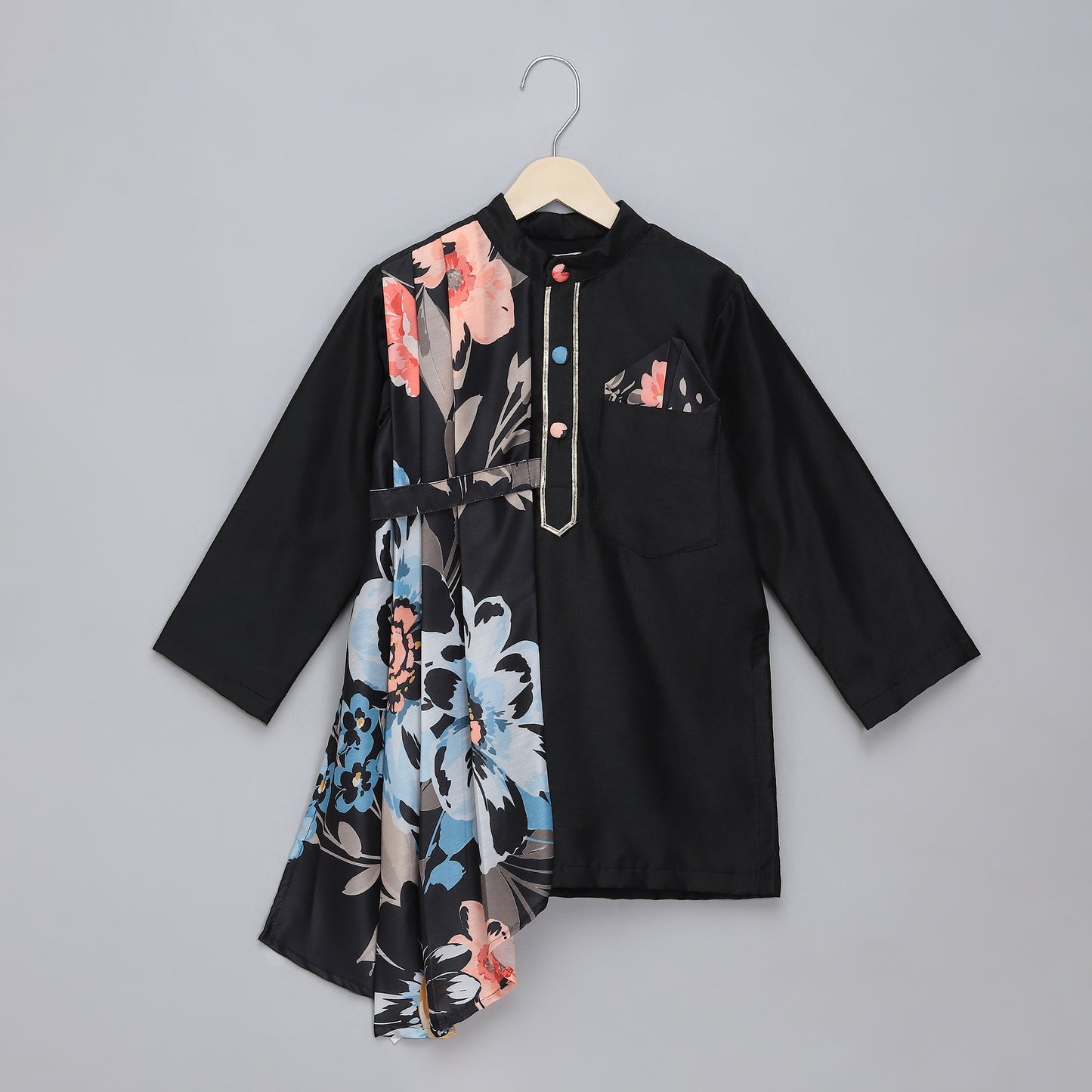 Assymetric pleat print Black Kurta Pyjama