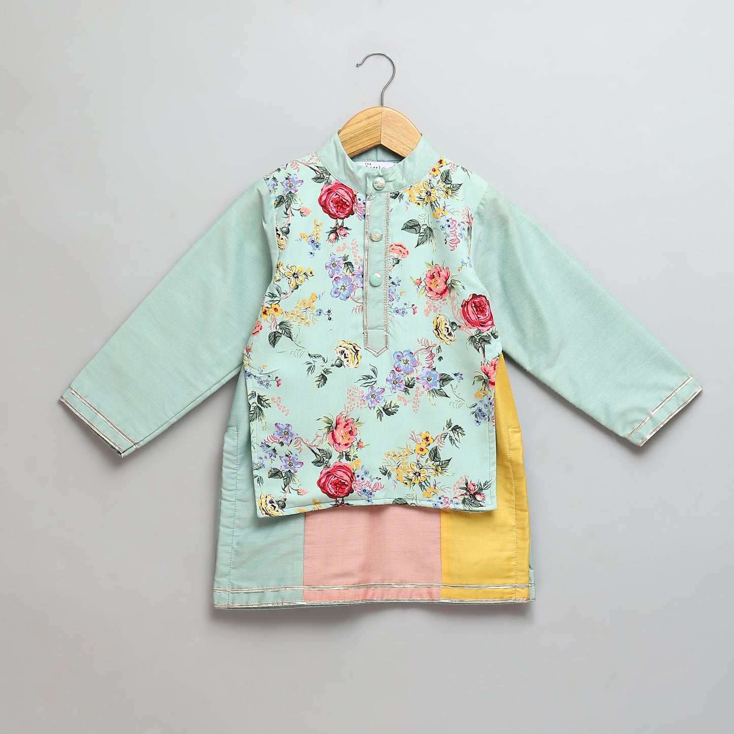 Green Multicolor kurta pyjama set with attached print panel