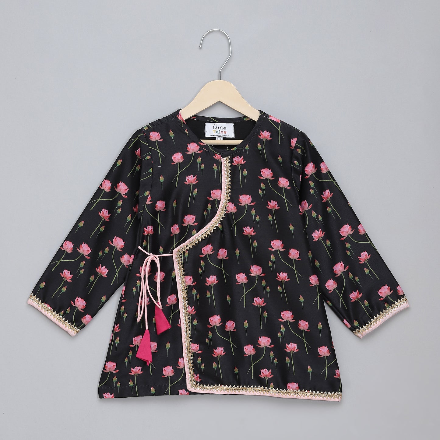 Black/ baby pink lotus Print Kurta Dhoti set