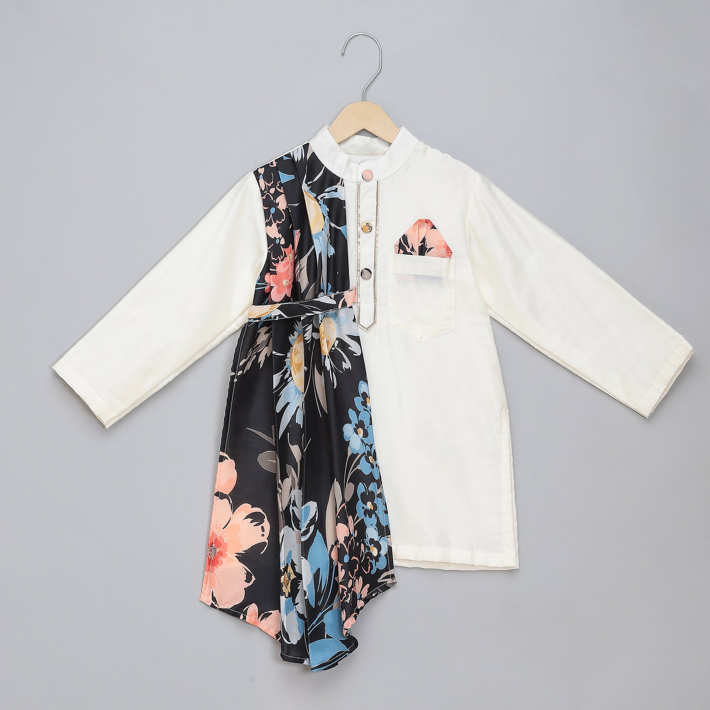 Assymetric pleat print Offwhite Black Kurta Pyjama