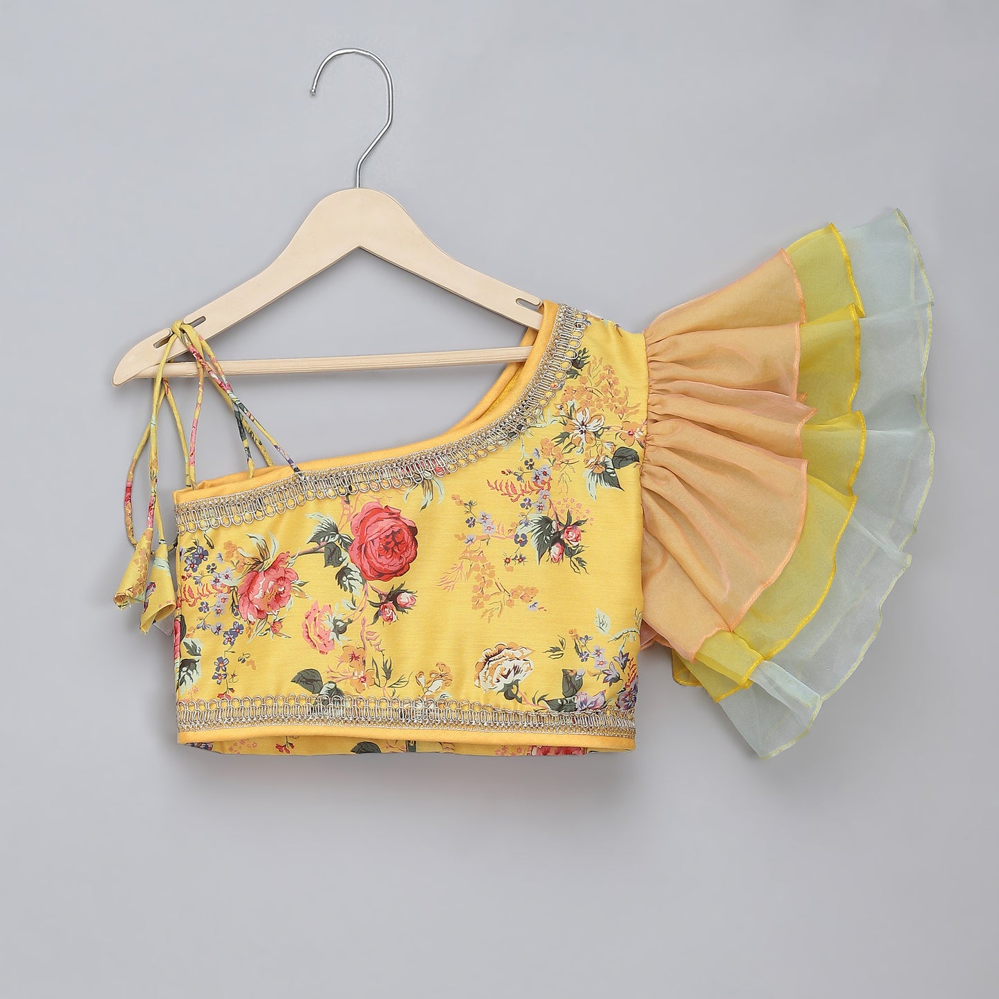 Yellow Floral printed off shoulder lehnga set