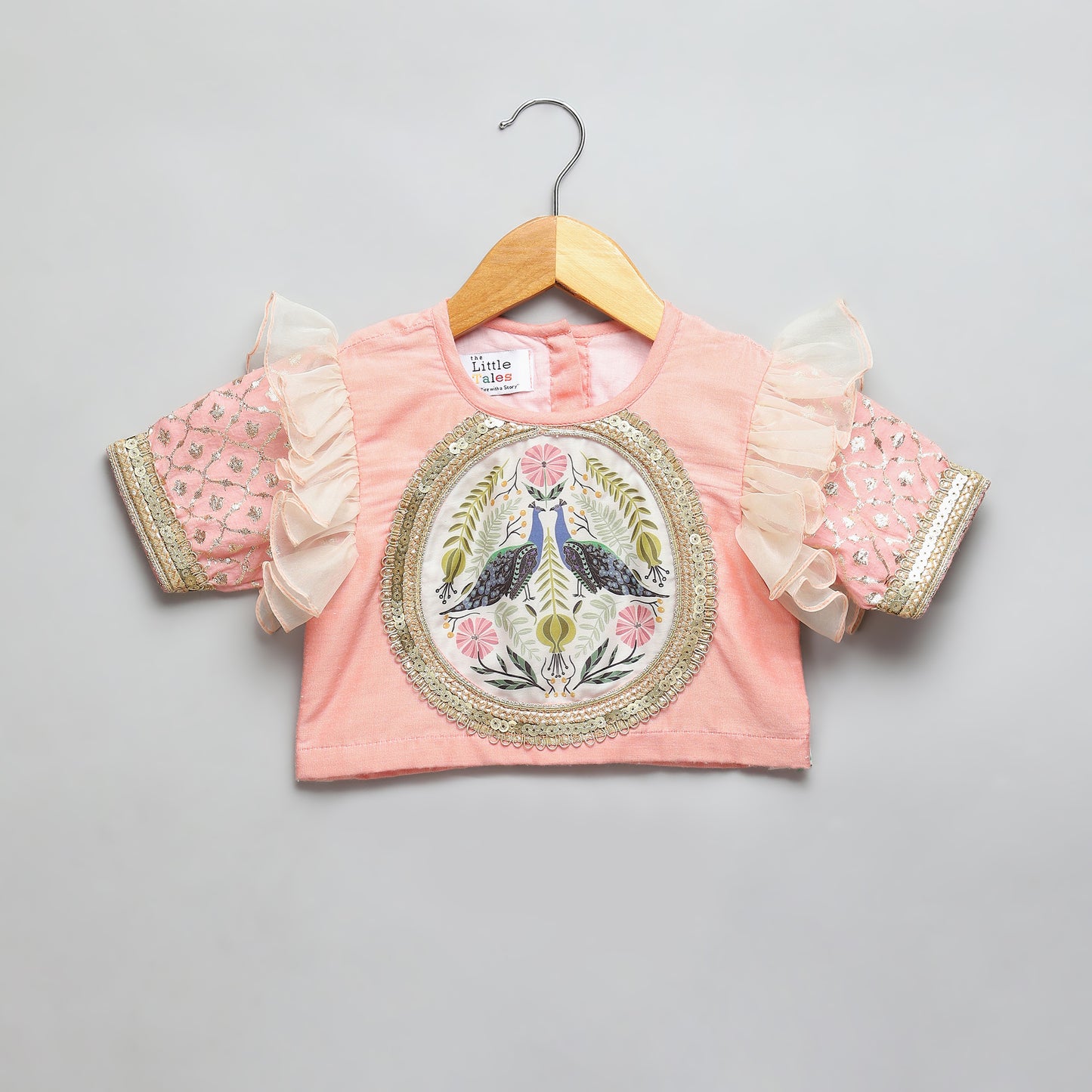 Peach peacock Printed Chanderi lehnga set