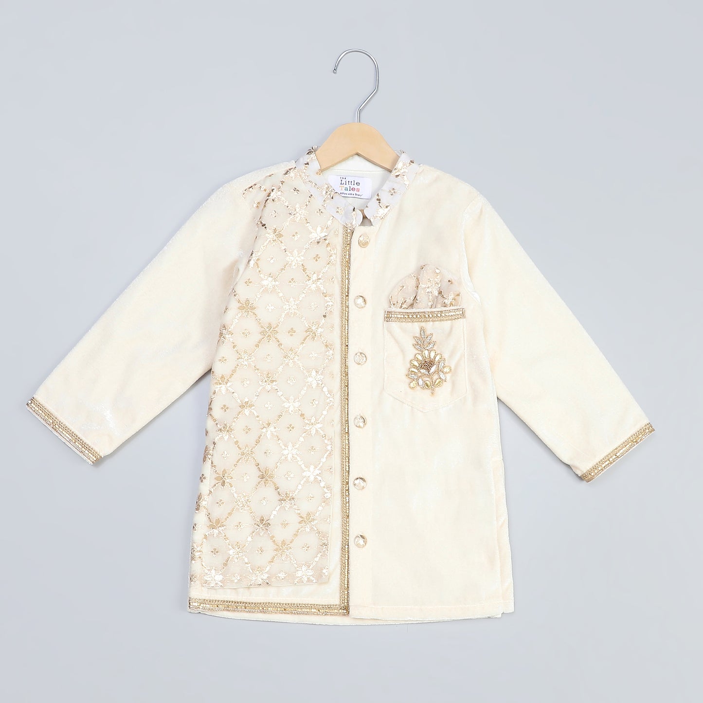Off white Velvet Kurta set with chanderi panel