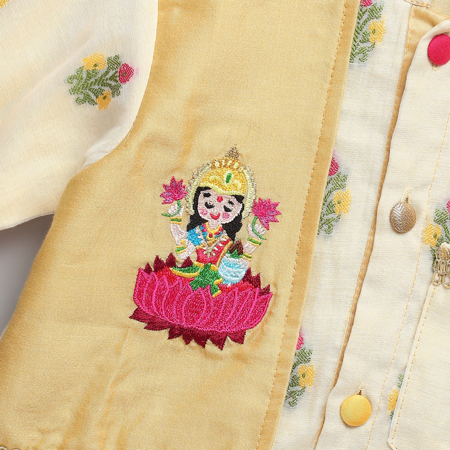 Beige Kurta Pyjama with Laxmi goddess Emb Jacket
