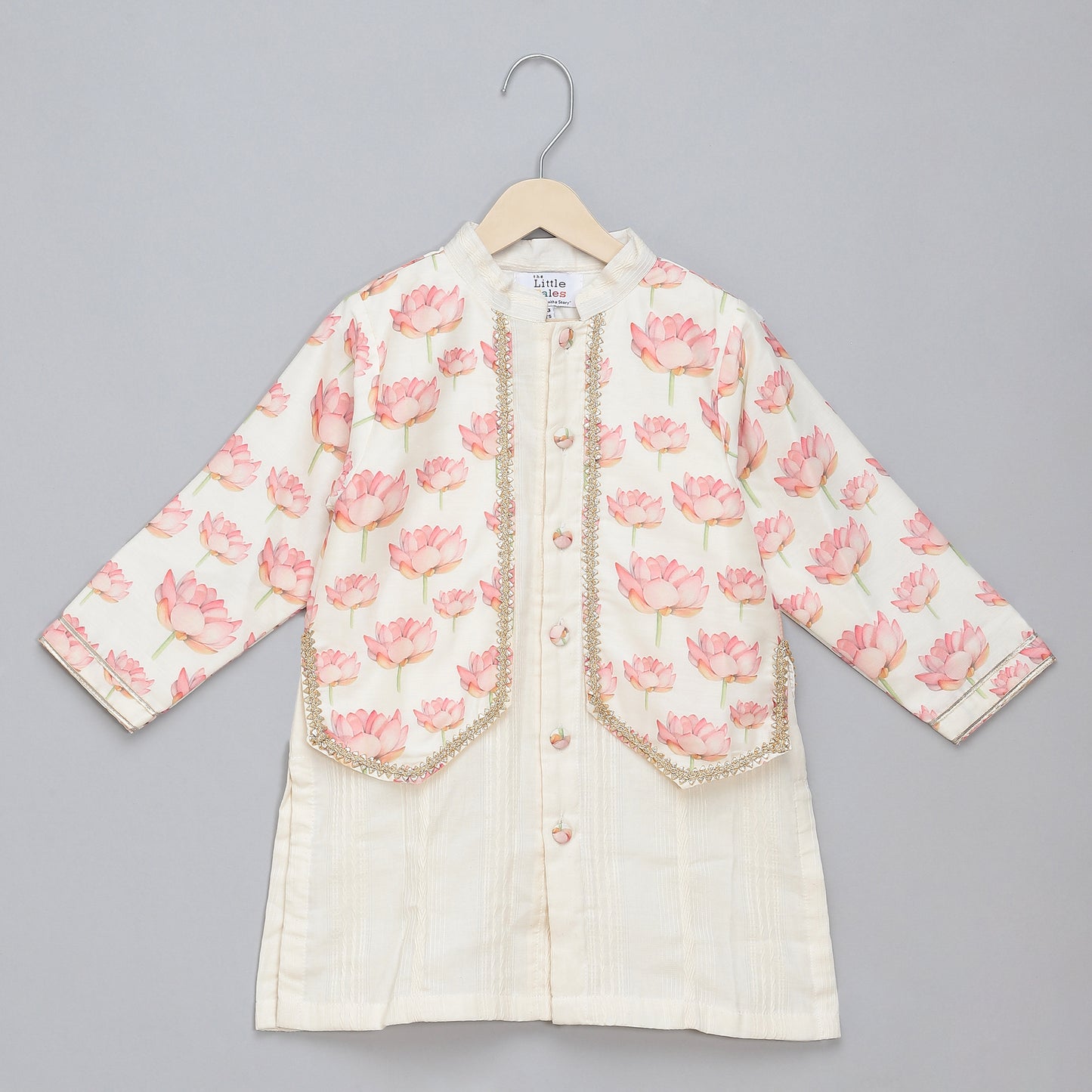 Off white peach lotus printed kurta set