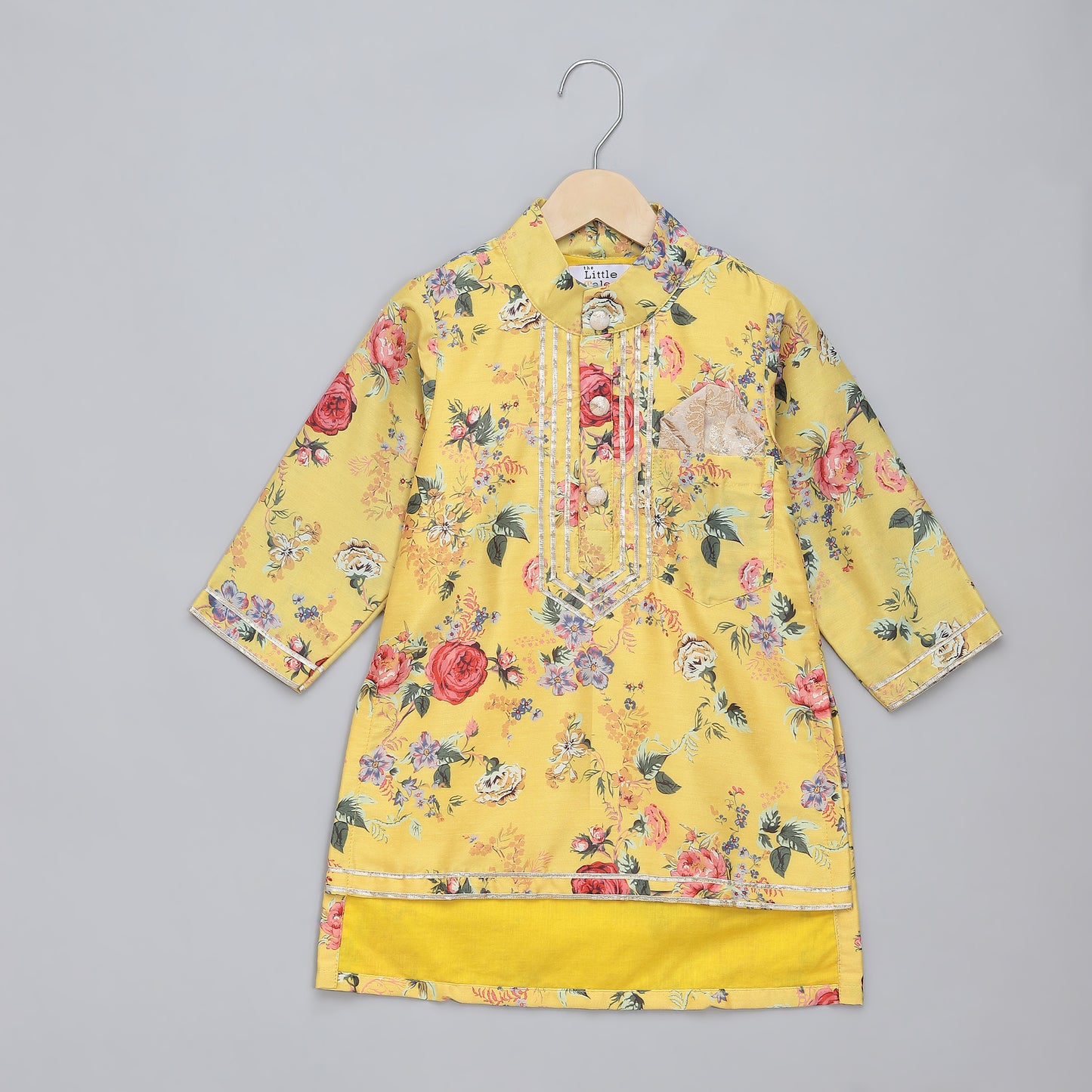 Yellow printed kurta pyjama set with attached print panel