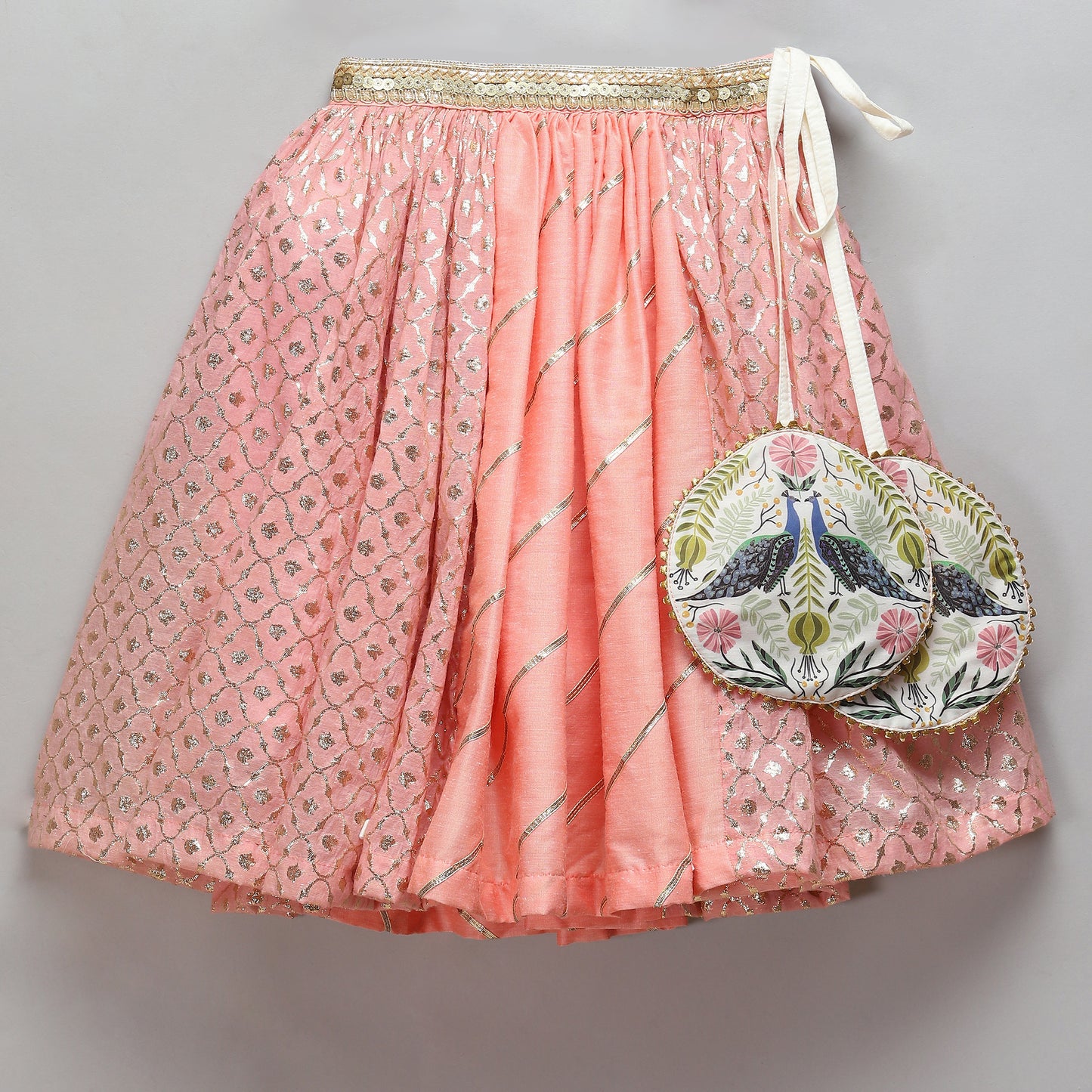 Peach peacock Printed Chanderi lehnga set