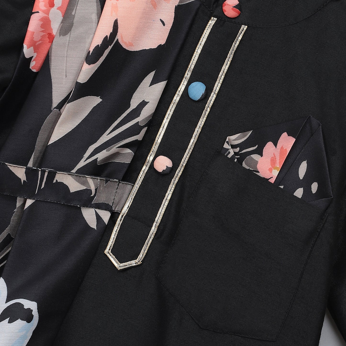 Assymetric pleat print Black Kurta Pyjama