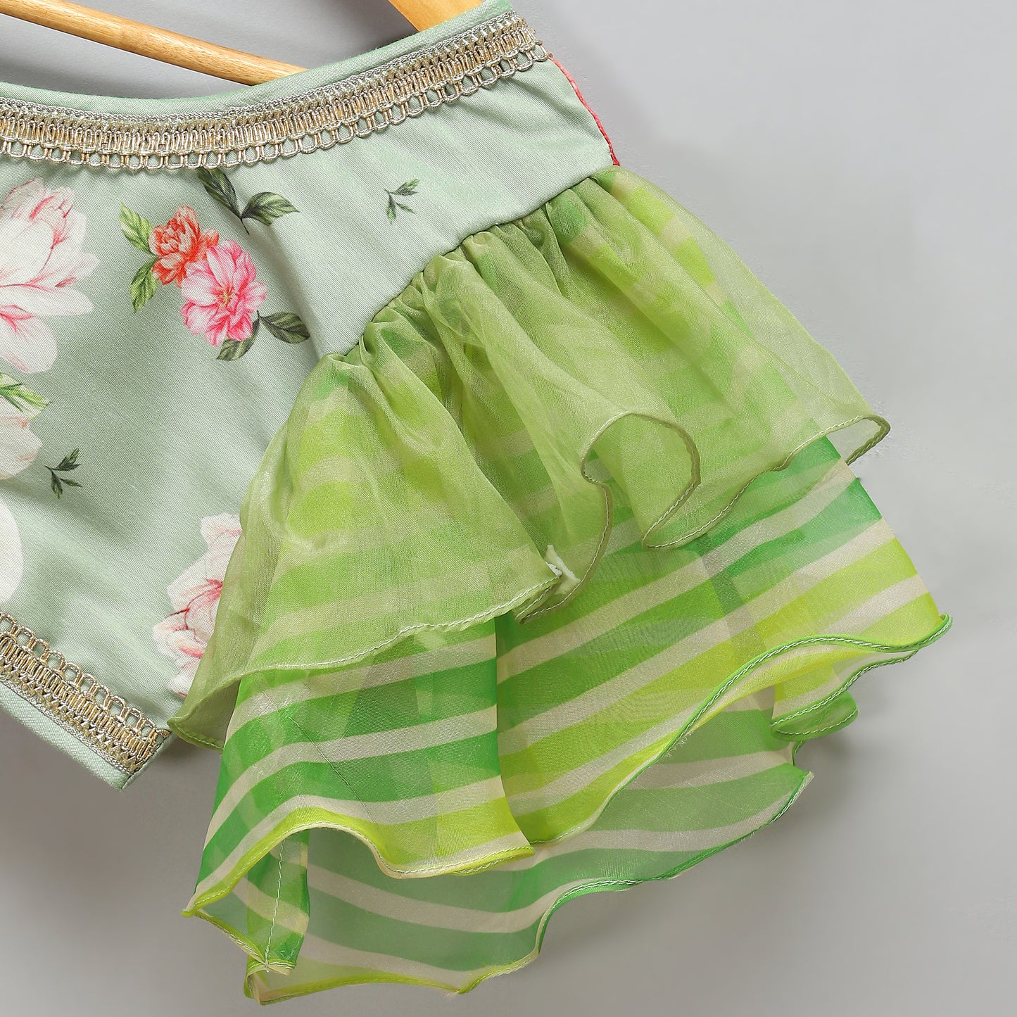Floral printed off shoulder lehnga set with attached dupatta