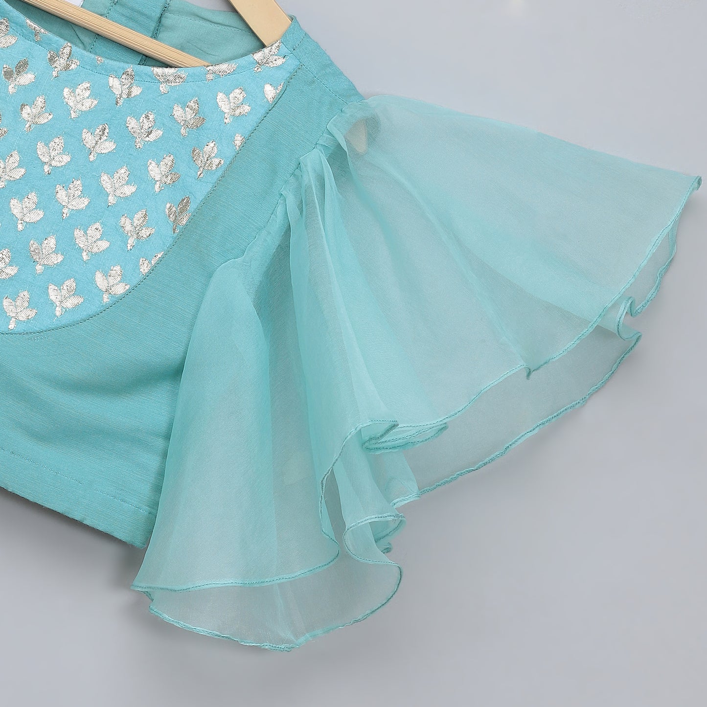 Blue ruffled Blouse with Cotton Zari Lehnga