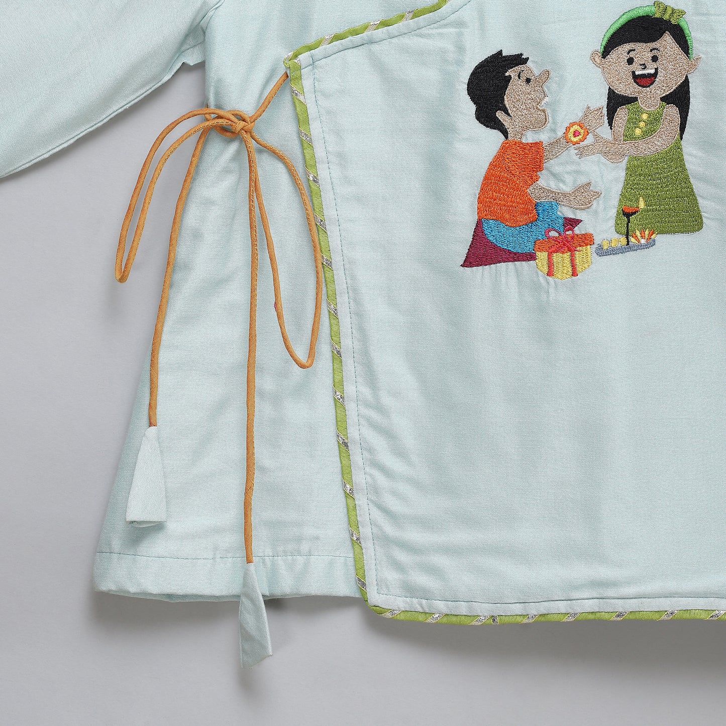 Blue Rakhi Embroidered Angrakha Kurta Dhoti Set