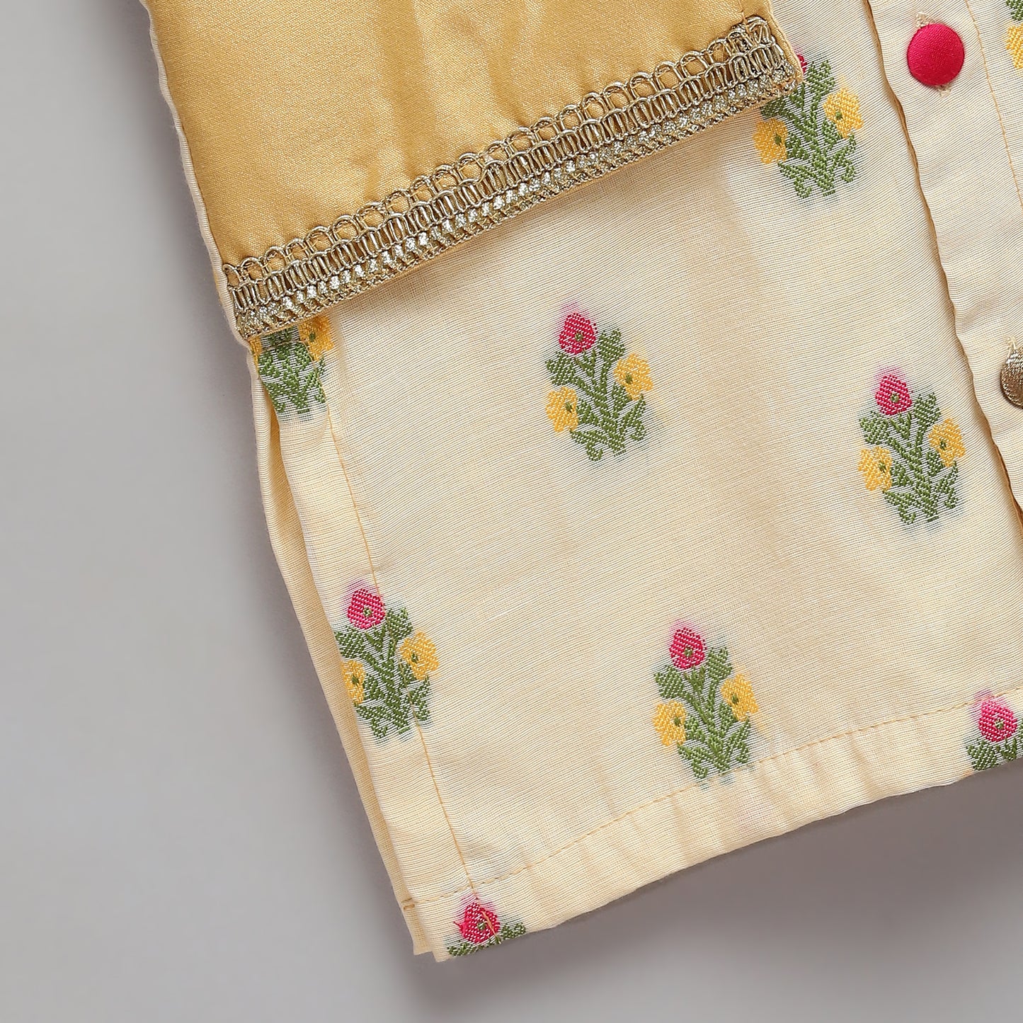 Beige Kurta Pyjama with Laxmi goddess Emb Jacket